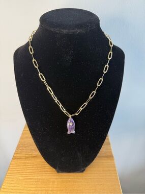 Gold Link Necklace with Purple Gem Charm